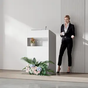 FUFU&GAGA Modern White Lectern Podium with LED Light, Standing Presentation Desk with Storage Shelf for Office and Classroom