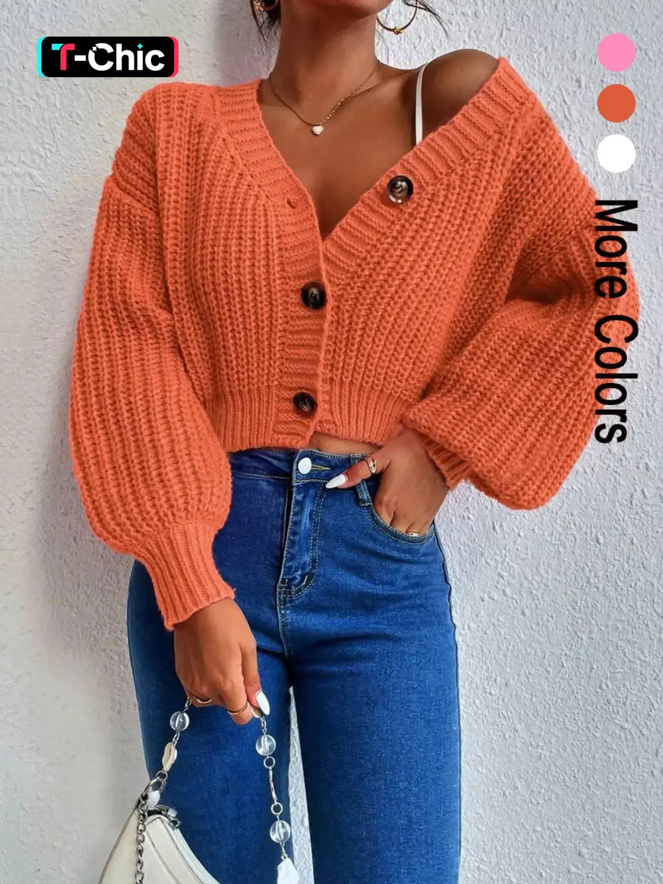 Women's Basic Plain Lantern Sleeve Button Front Crop Loose Cardigan Fit, Casual V Neck Knitted Drop Shoulder Long Sleeve Knitwear for Spring & Fall, Fashion Chic Women's Knit Clothing for Daily Wear Womenswear Knitting Button Cardigans