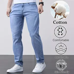 Light Blue High-Cotton Slim-Fit Jeans | Casual Streetwear Denim