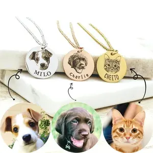 [Engraving(X5)]Personalized Pet Photo Disc Necklace For Women Tiny Cat dog Name Pendant Necklaces Custom Animal Stainless Steel Jewelry Personalized pet portrait necklace