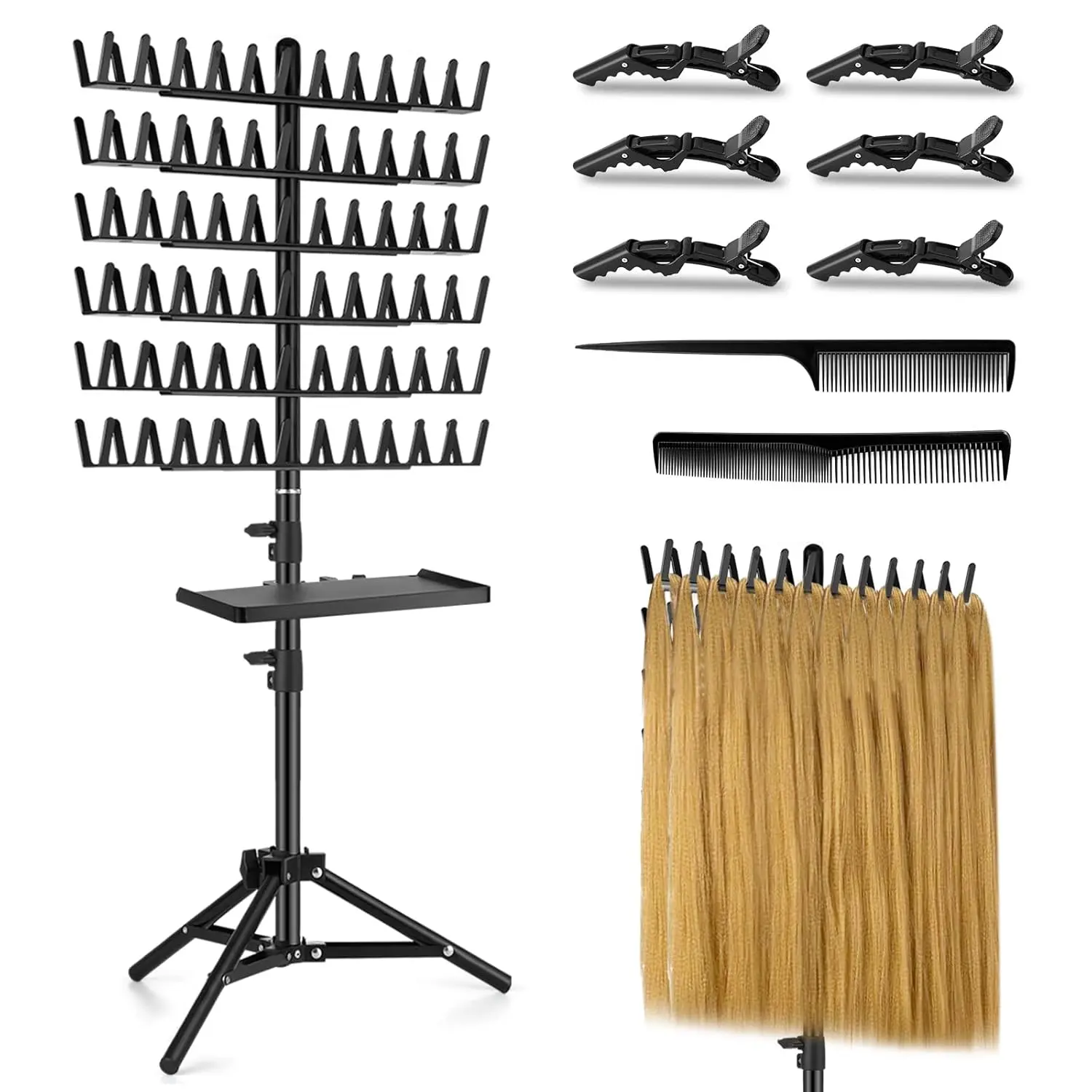 Braiding Hair Rack with Tray, 144 Pegs Height Adjustable Braiding Rack, 2-side Hair Extension Holder Hanger, Hair Stand with Stylist Hair Braiding Tools for Hair Salon Home Traveling
