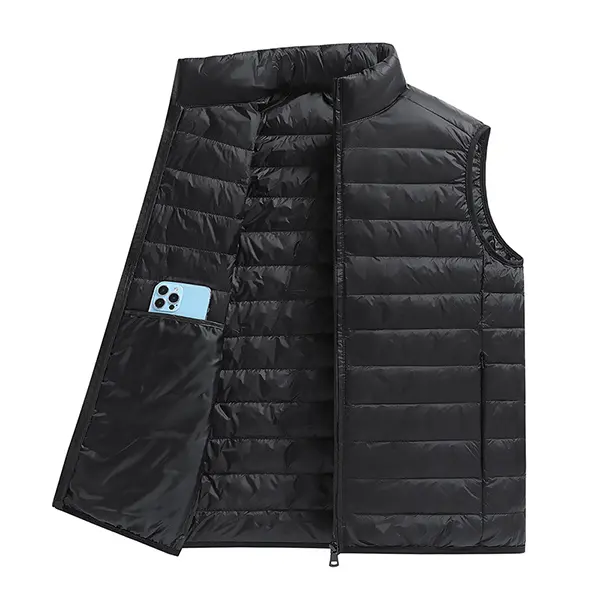 Men's Wine Red Zip-Up White Duck Down Vest - Lightweight, Stand Collar with Pockets