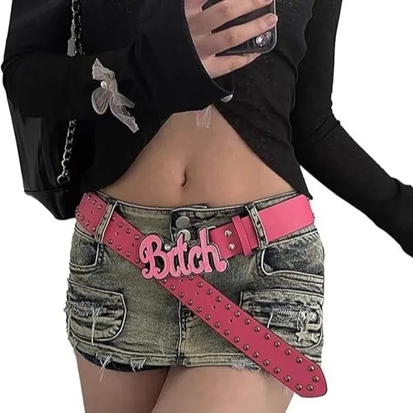 Retro BITCHPunk Y2K Pink Diamond Letter Leather Belt Vintage Style Aesthetic with Gold Accents