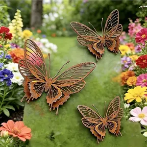 3-Piece Vintage Metal Butterfly Garden Decor Set, Rustic 8-Wing Sculpture Kit, Outdoor Patio Lawn Courtyard Art, Natural Inspiration Gift, Garden Accessories