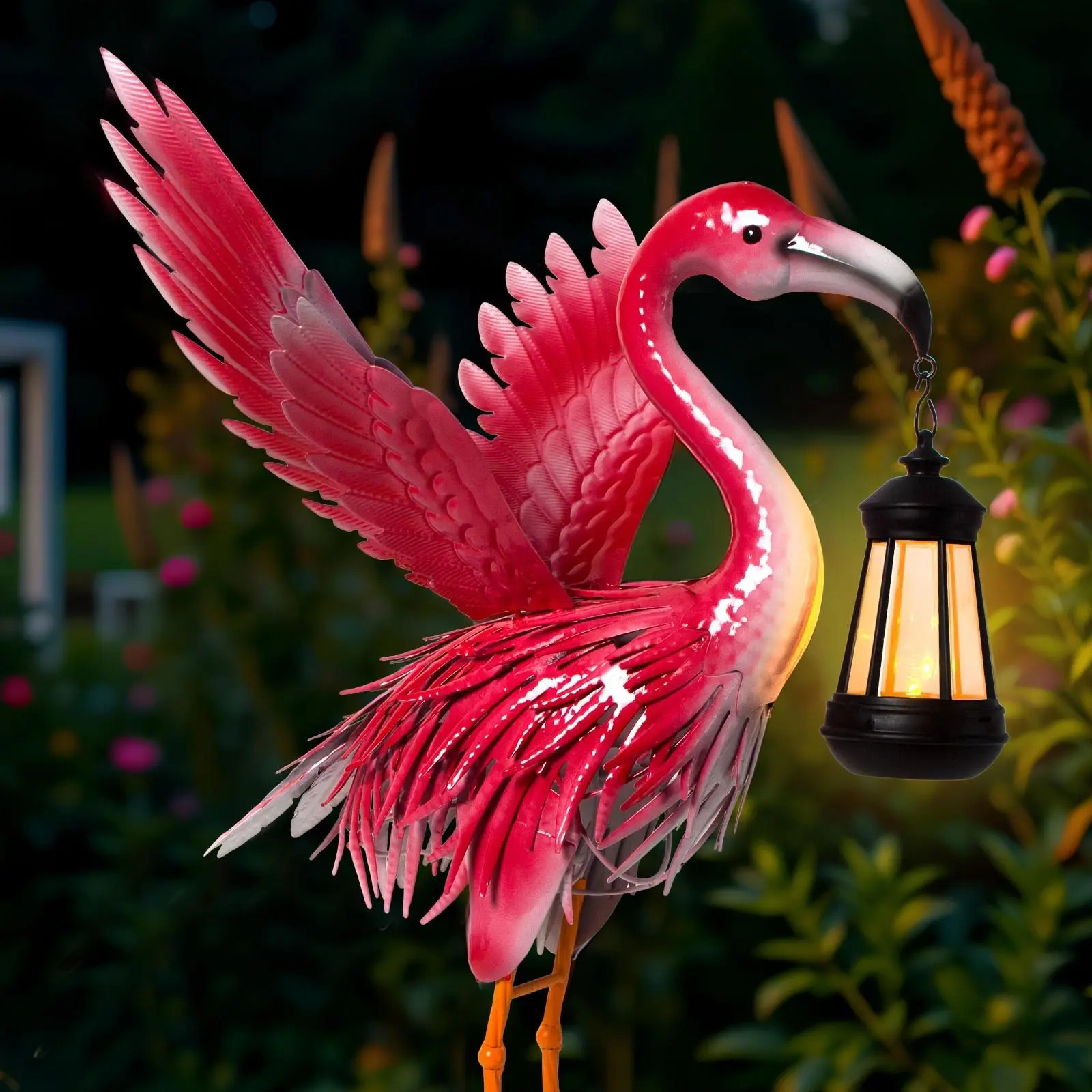 Whimsical Art Deco Solar Flamingo Statue with Lantern - Metal Animal Sculpture, Solar Garden Light, Removable Panel, Floor-Mounted Outdoor Lawn Ornament, Christmas Decor, Housewarming Gift