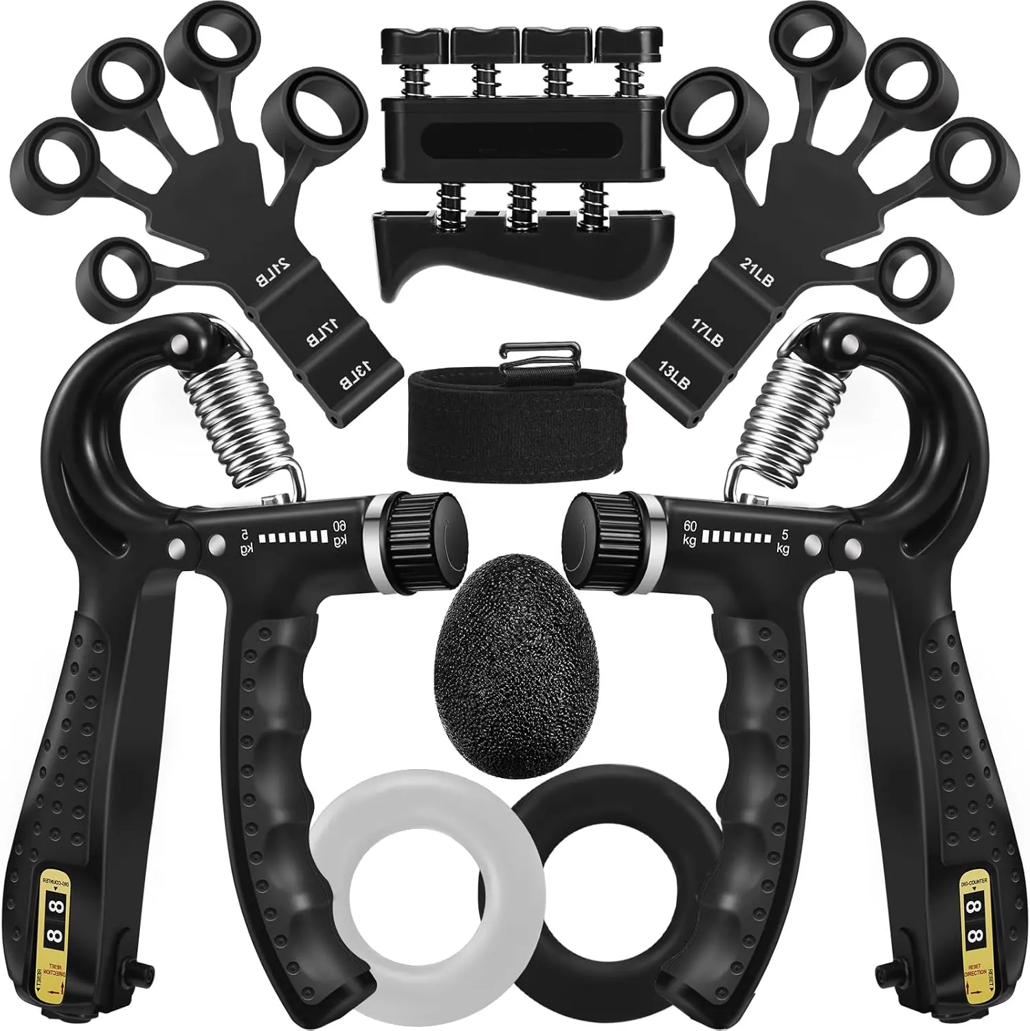 Grip Strength Trainer Kit (5-Pack/10-Pack) with Finger Exerciser, Hand Grip Strengthener, Hand Extension Exerciser, Stress Relief Ball and Forearm Workout Ring for Muscle Building and Injury Recover, Silicone