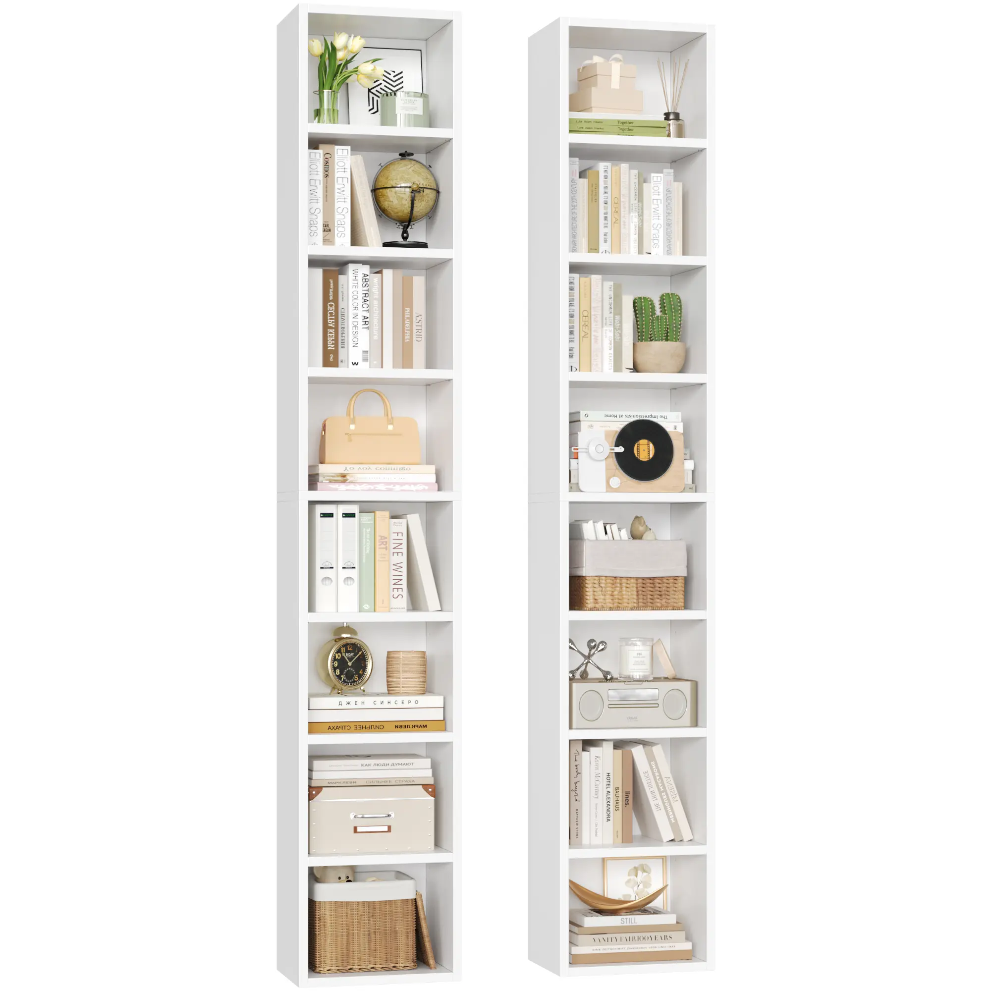 FOTOSOK 2 Pcs 71'' Tall Narrow Bookshelf, 8-Tier Media Tower Rack Set of 2, CD DVD Storage Cabinet with Adjustable Shelves, Tall Narrow Bookcase Skinny Display Bookshelf Slim Shelf Home Office, #Summervibes