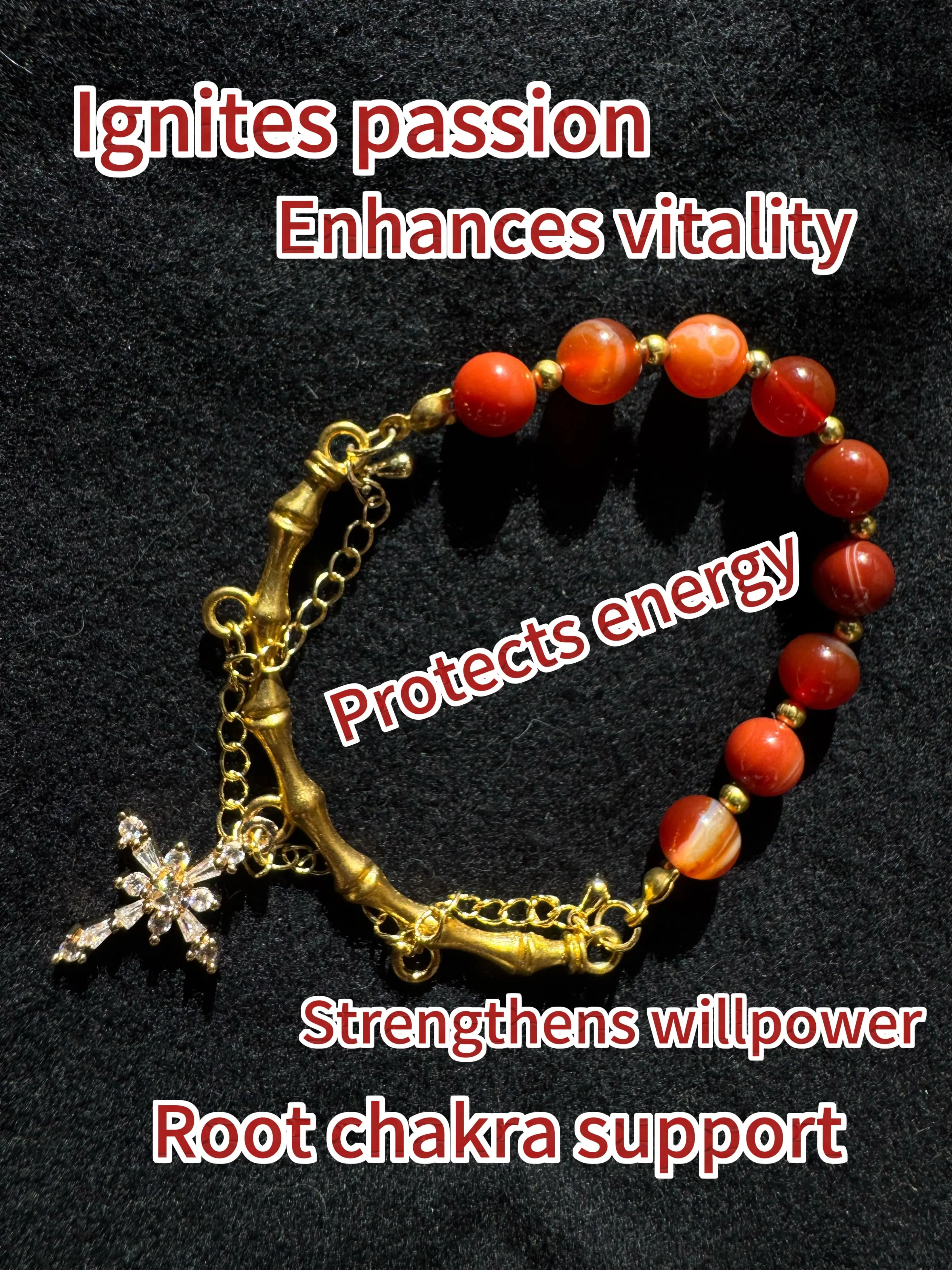 "6mm Red Agate Half Bangle with  Gold Bamboo and Cross Charm  – Elegance, Strength, and  Timeless Symbolism，natural elegance"