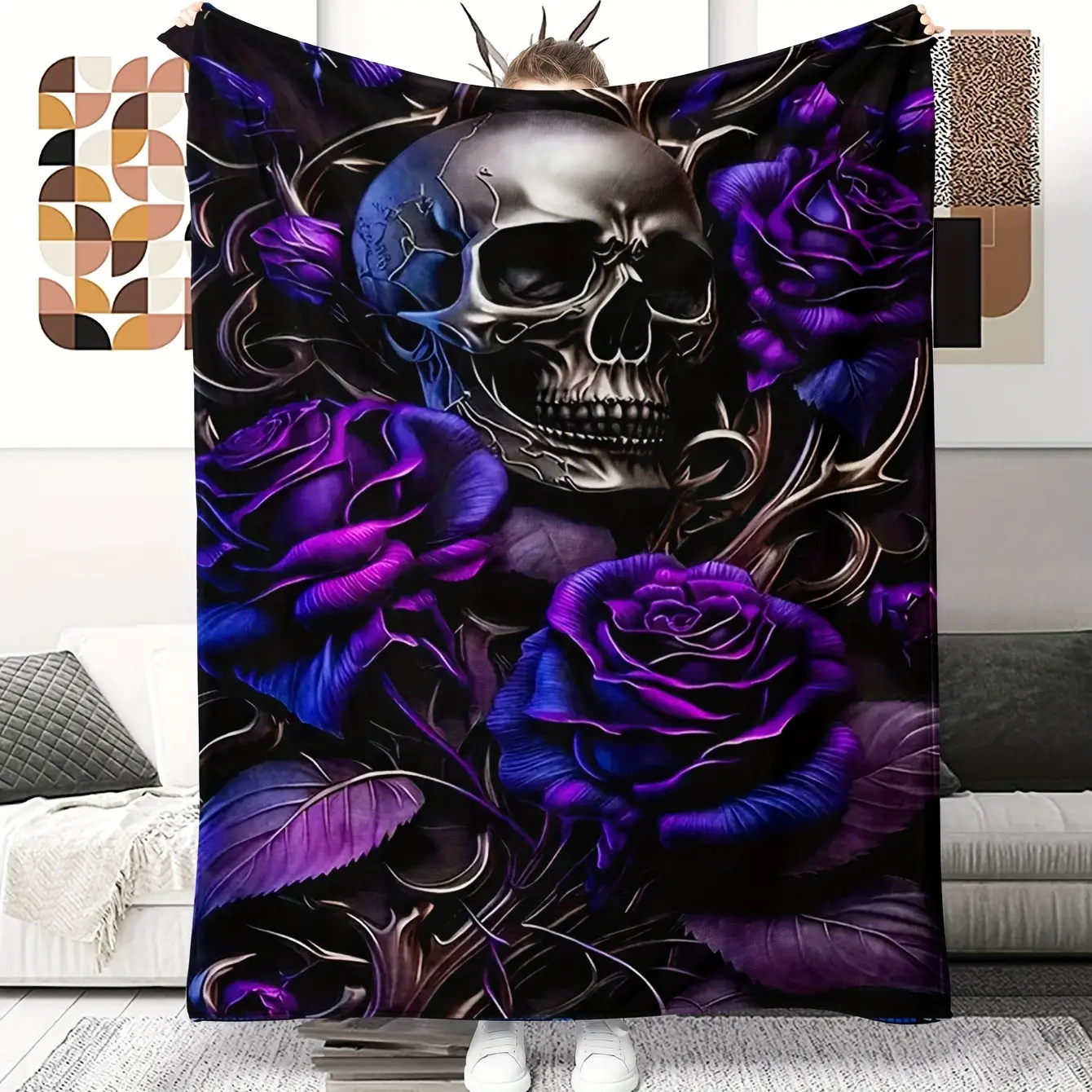 1-Piece Halloween Creative Rose Skull Print Square Crochet Blanket - Soft, Comfortable, Breathable, Wrinkle Resistant, All-Season, 30-39in, 50in×60in, Machine Washable, Holiday Essential for Adults - Ideal for Office, Picnic, Bold Halloween Art, Bright Af