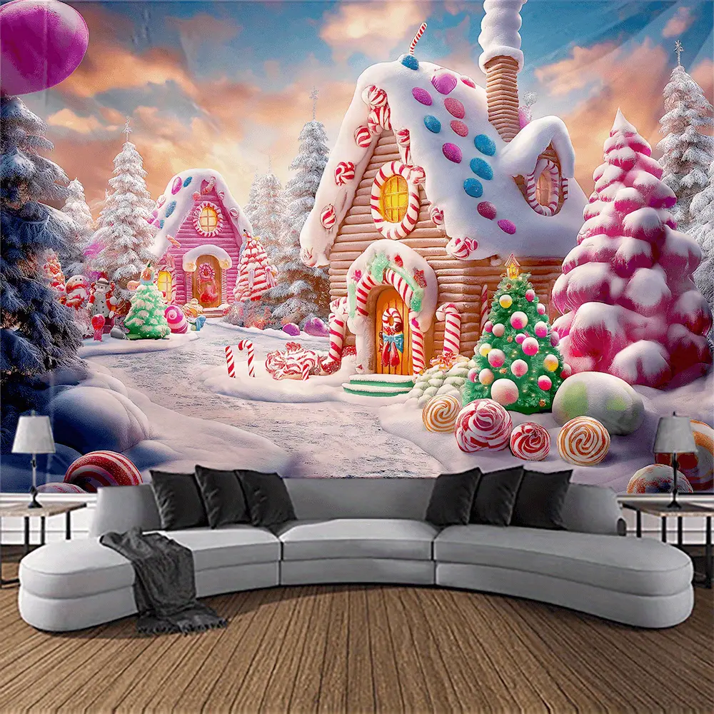 Magical Durable Decorative Tapestry - Christmas Candy Cottage Town Wall Backdrop, Vibrant Polyester Fabric with Gingerbread Houses & Candy Trees, Whimsical Room Decor for Living Room, Festive Party Supplies