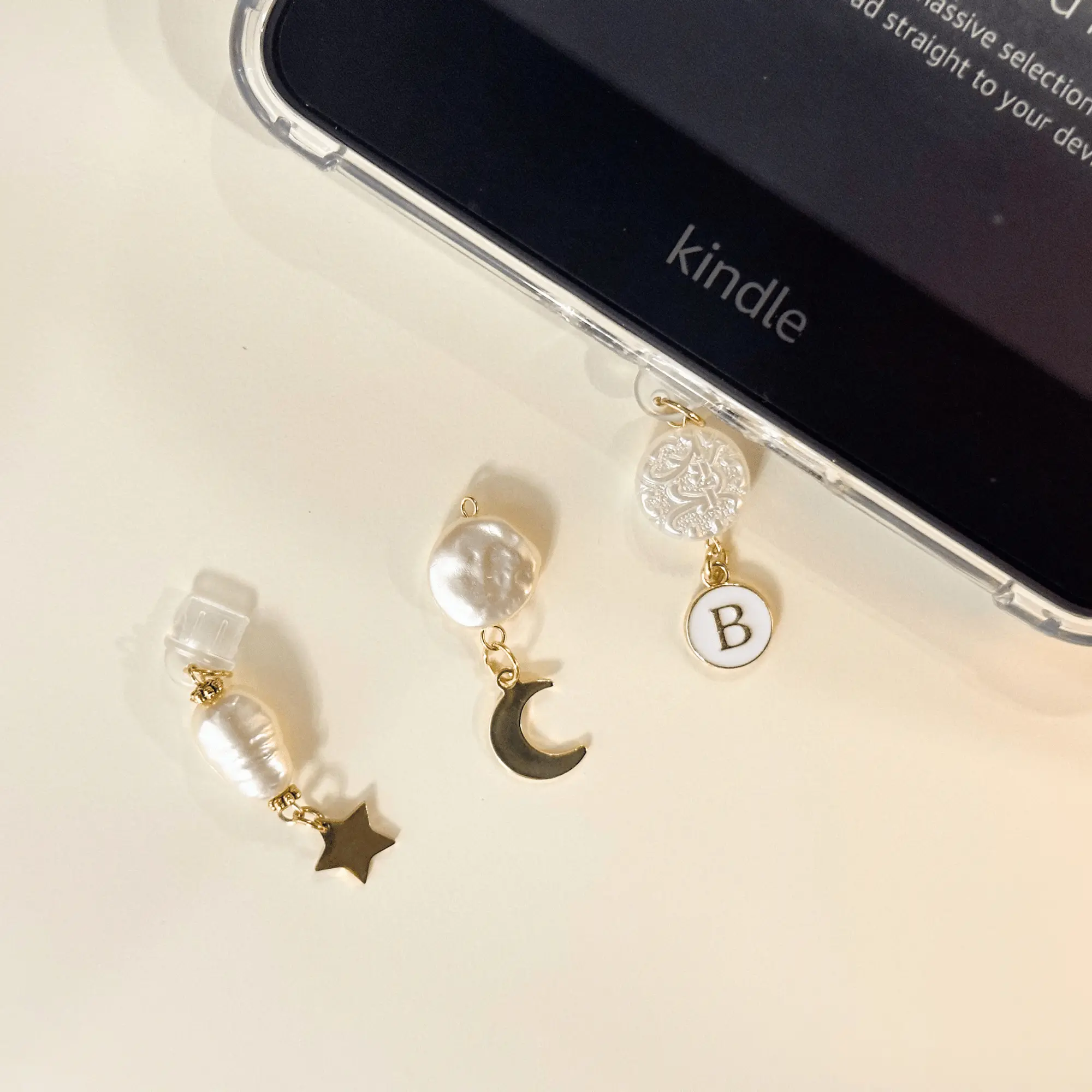 Custom Kindle Charm Pearl Gold Initial Elegant Celestial Kindle Accessory Ereader Charm Phone Kobo Dust Plug Bookish Tech Gift for Book Club