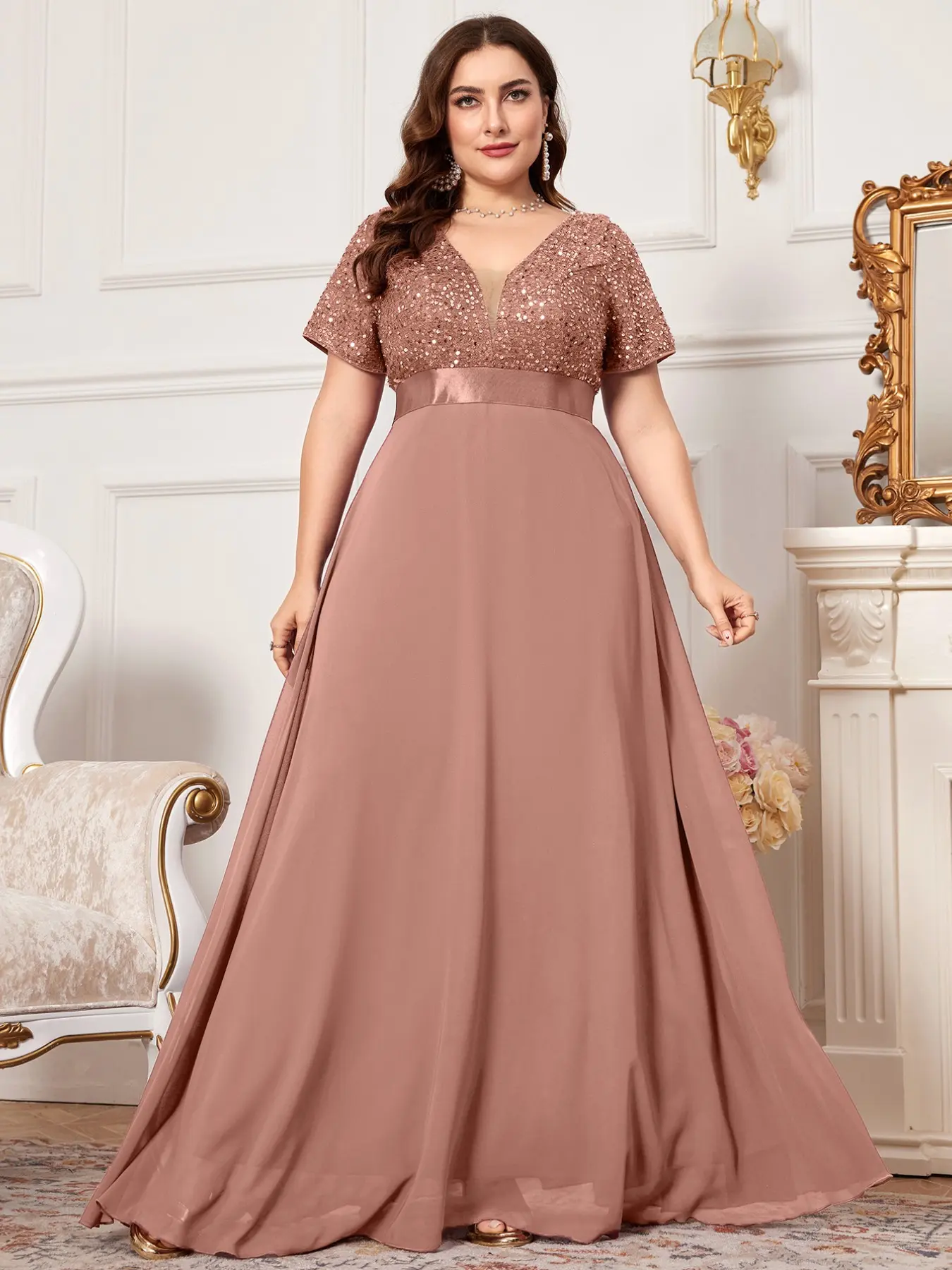 Elegant V-Neck Short Sleeve Sequin Embroidered Chiffon Fitted Dress, Long Waist Cinching Formal Wear Party Gown, Big Swing Evening Prom Dress