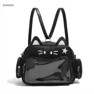 Cute PU Leather Cat Ita Bag Backpack for Girls, Clear Window Pin Display Y2K Preppy Style Backpack for School, Anime & Daily Use