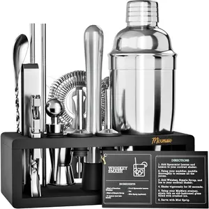 Mixology Bartender Kit with Stand - 15 Piece Bar Tool Set, Silver Bar Set Cocktail Shaker Set for Drink Mixing - Includes Martini Shaker, Jigger, Strainer, Bar Mixer Spoon, Tongs, Opener |   Gift Idea