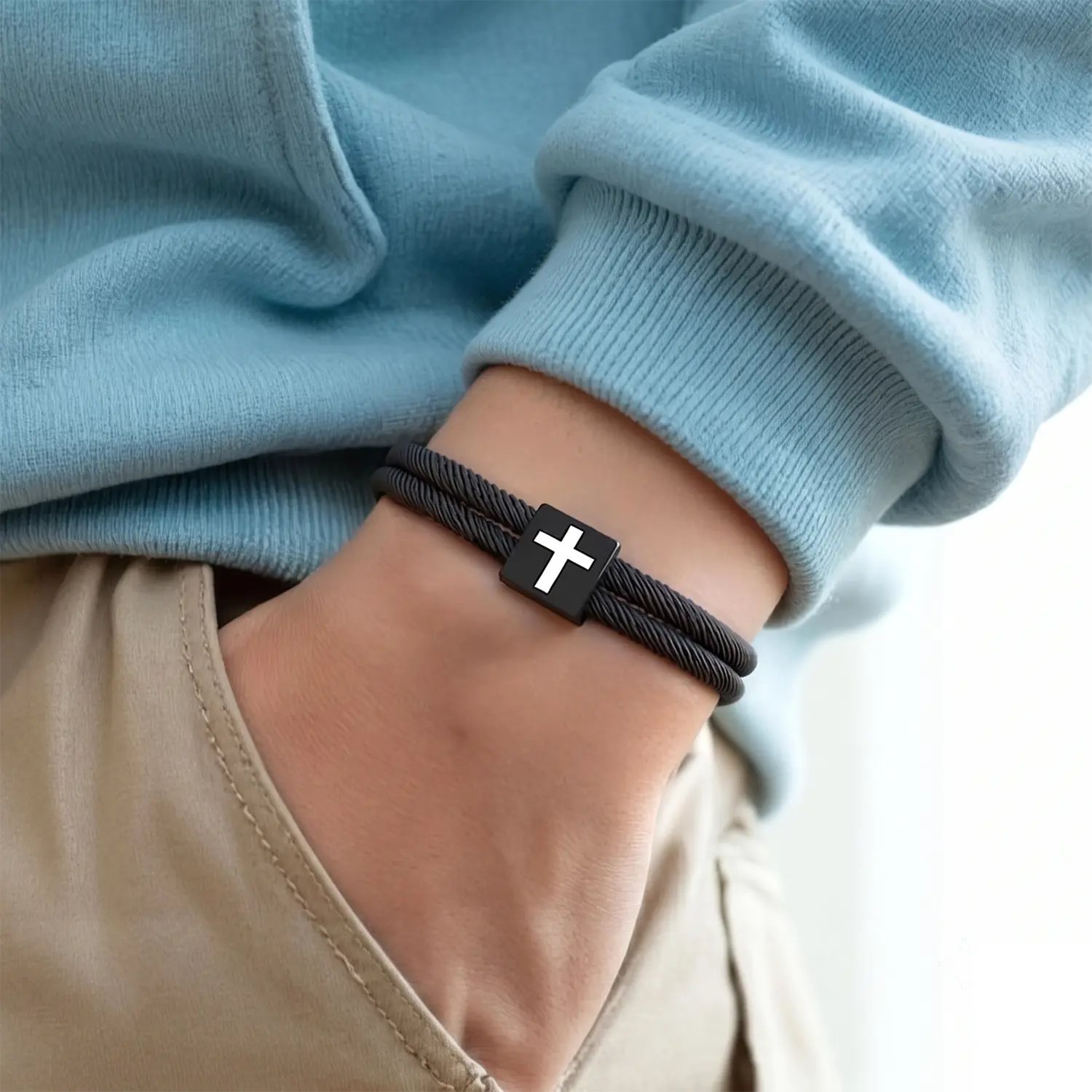 Hand-Knit Cross Bracelet for Men & Teens | Fade-Resist Stainless Steel Charm on Strong Braided Rope | Adjustable Faith Jewelry Gift, Bracelets