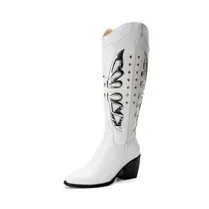 DREAM PAIRS Women's Butterfly Western Classic Leather Knee-High Cowboy Walking Shoes, Comfortable Women's Shoes