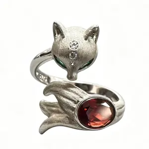 Natural Garnet Fox Statement Ring | 925 Silver Adjustable