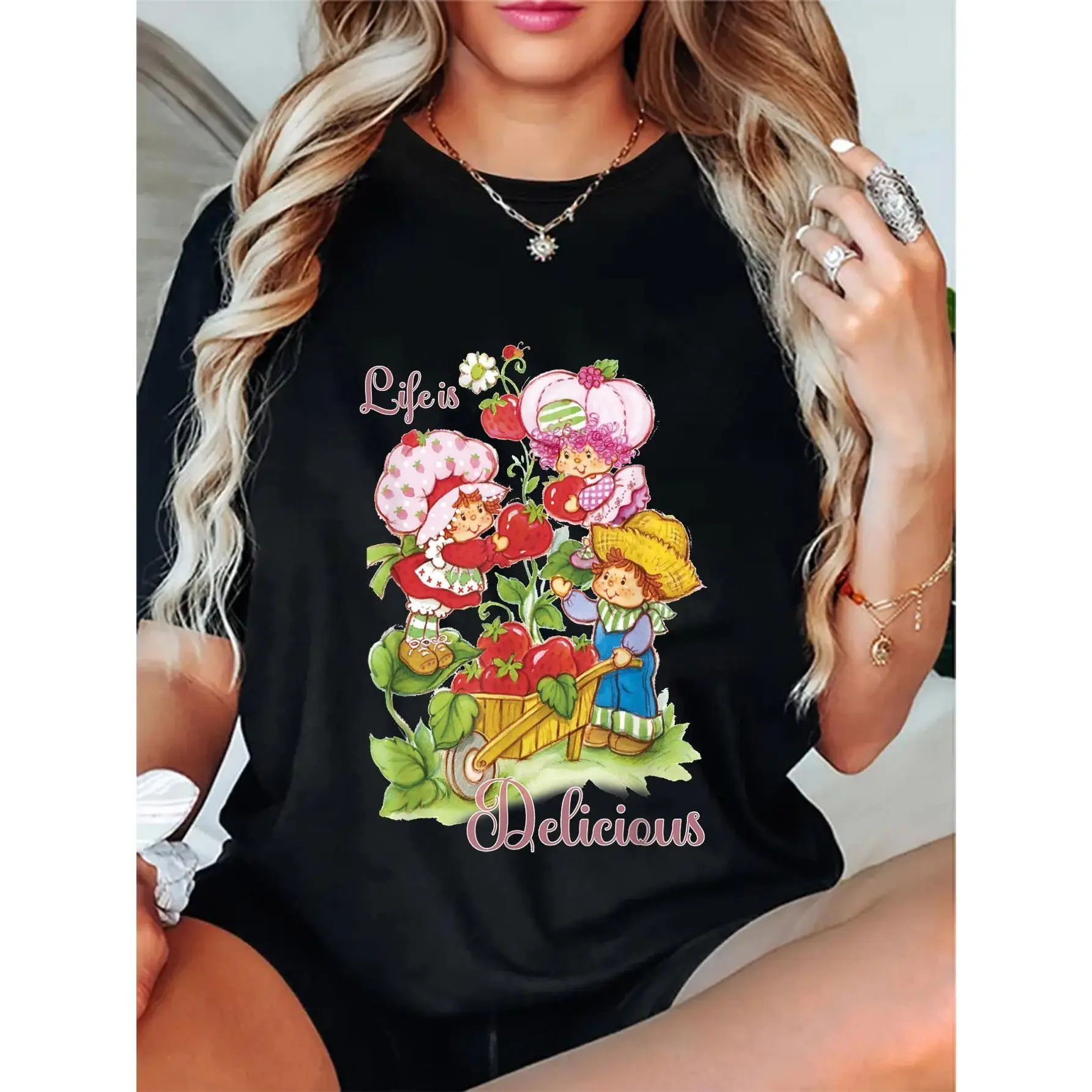 100% Cotton Unisex Strawberry Shortcake Group Life Is Delicious T-Shirt,Unisex Crewneck T-shirt for Men And Women