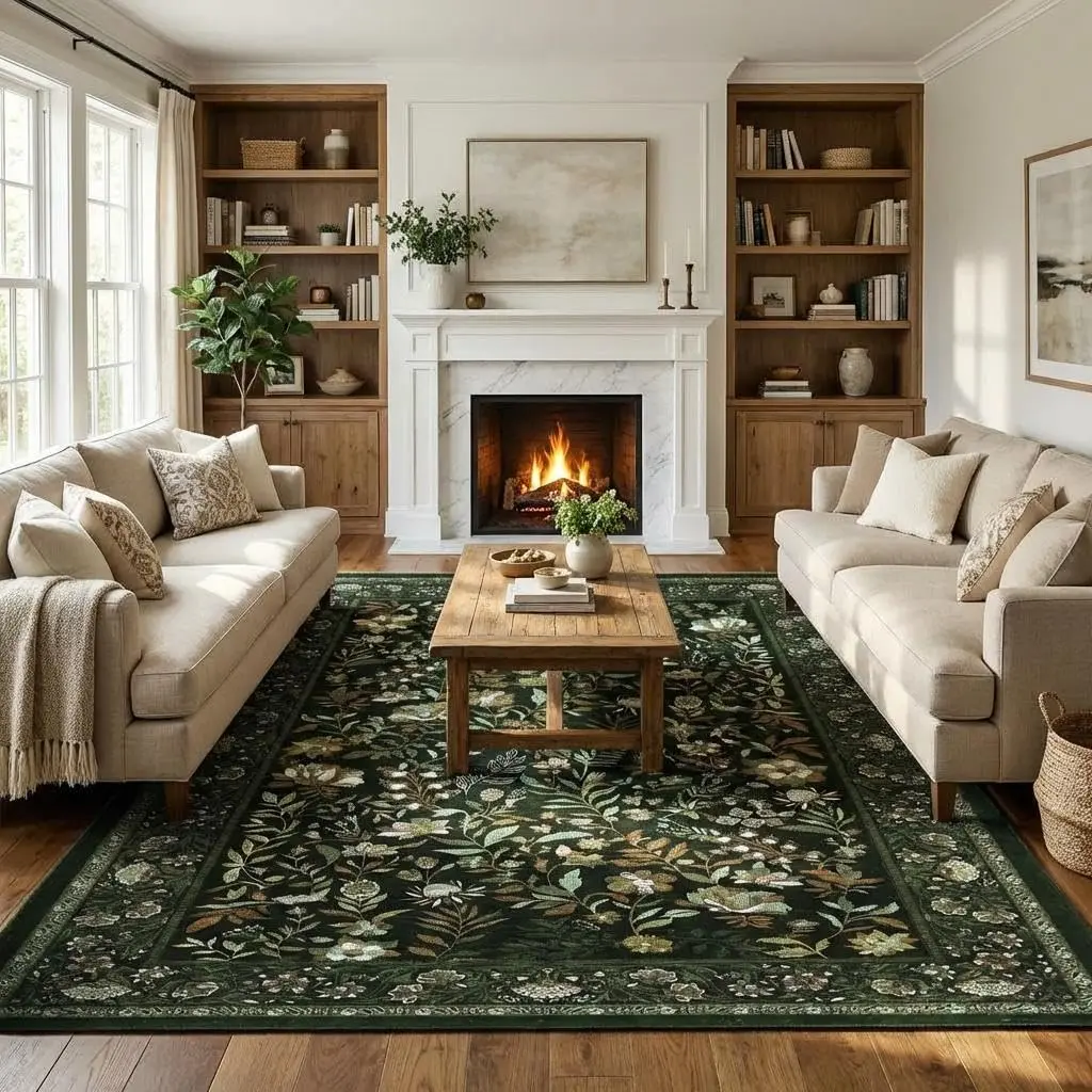 Large Dining Room Rug 9x12 Non-Slip Vintage Floor Rug, Farmhouse Floral Printed Bedroom Carpet, Stain-Resistant Thin Accent Indoor Mats for Living Room, Kitchen, Nursery, Dark Green