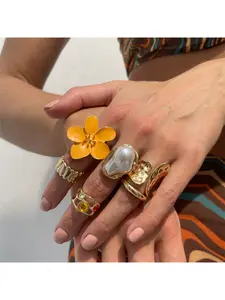 Trendy Liquid Lava Flower Stackable Ring Set for Women Fashionable Oversized Statement Rings with Metallic Shine and Unique Textured Design Perfect for Layering and Daily Wear
