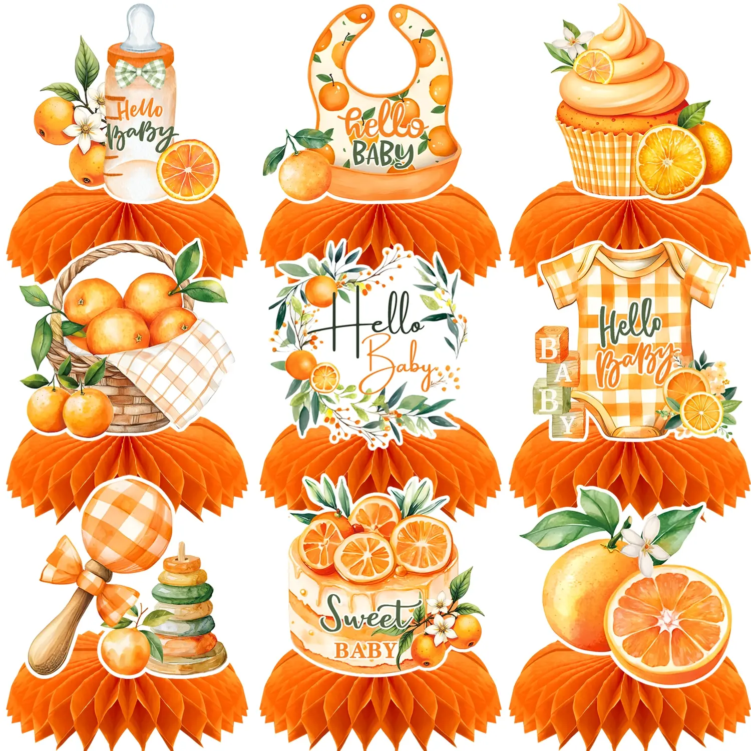9 Pcs Orange Citrus Gender Reveal Party Decoration Set Centerpieces Decorations 3D Table Fall Decorations Double Sided Printed for Fall Birthday Party Decorations, Autumn Thanksgiving Baby Shower Party Supplies
