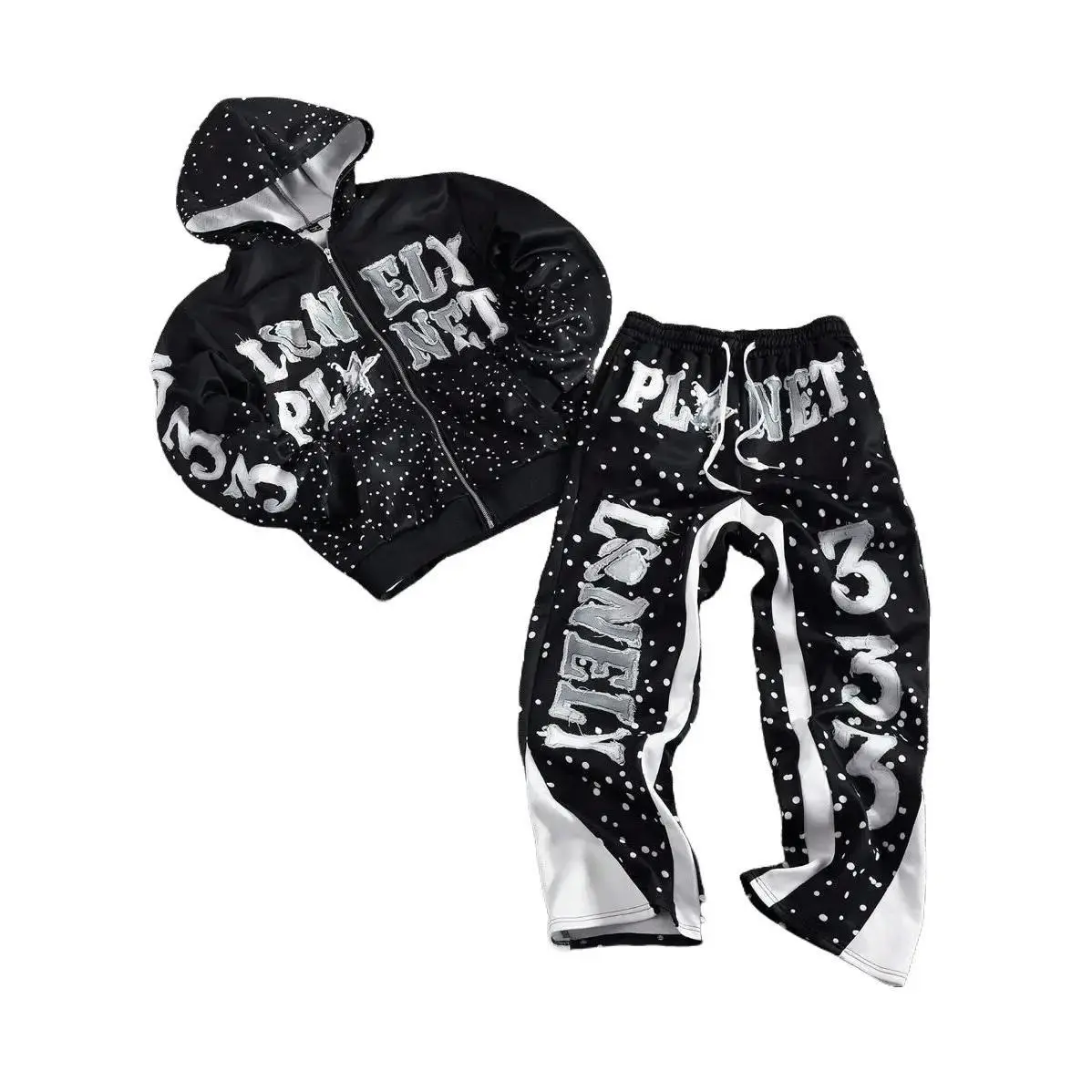Men's 2-Piece Polyester Knitted Tracksuit - Graphic Hoodie, Drawstring Pants, Letter & Geometric Prints, Long-Sleeve Zipper, Drip Clothing, Sweatset Style, Casual Athleisure Hip-Hop Streetwear, Fall Multicolor Sweatsuit, Activewear, Athletic