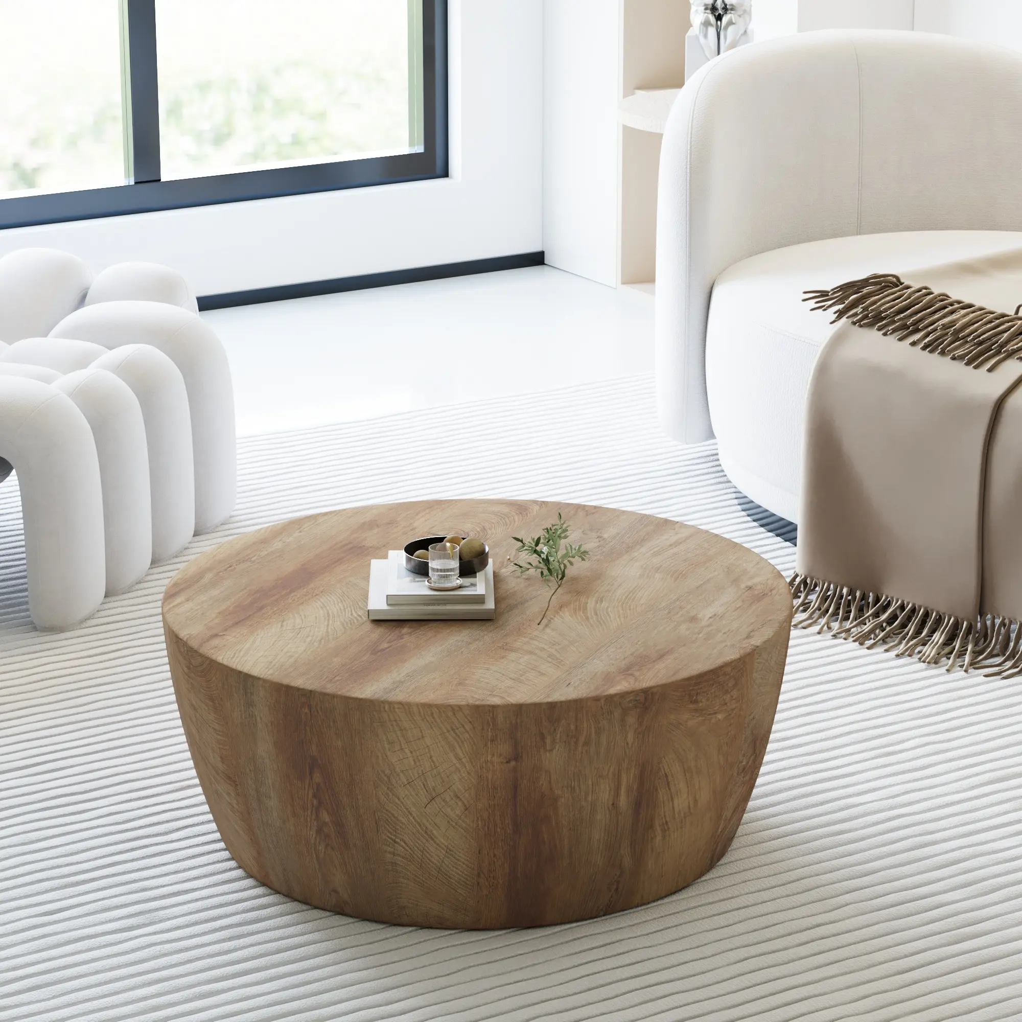 29.5" Mid Century Drum Coffee Table Round Modern Cocktail Table for Living Room Home Office | Reversible MDF Vintage Drum-Shape Center Table, No Assembly Needed