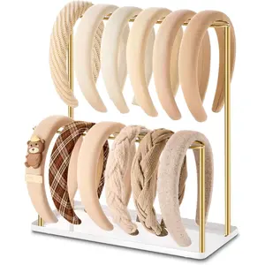 Headband Holder Organizer Metal 2-Tier with Tray: Hair Accessories Display Stand Storage, Purse Charms Key Rings Rack Necklace Stand Home Bedroom for Girls Women, Gold
