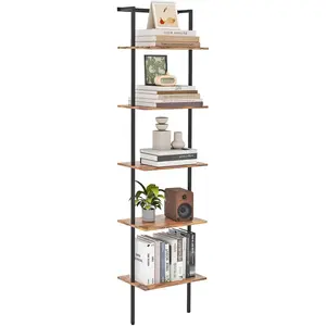 5-Tier Ladder Shelf, Wall Mounted Ladder Bookshelf with Metal Frame,  Tall Open Storage Rack and Display Shelves for Home Office Bedroom Living Room, Rustic Brown