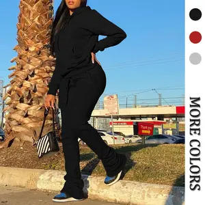 Women's Sweatsuits Sets 2 Piece Outfits Drawstring Hoodies Stacked Jogger Sweatpants Tracksuits Casual Set