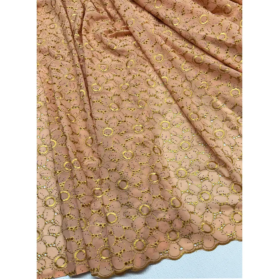 Swiss Voile Lace Fabric - Coral-Blossom, Gold, Cotton with Tiny Stones, Voile Weave, 5yd, Luxurious Look for Curtains, Room Decor, Special Events, Soft Textures