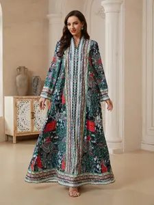 Middle Eastern Ramadan Eid Abaya, Ink Colorblock Cashmere Flower Long Robe, Dubai Style Luxury Kaftan Evening Gown, Islamic Abaya
