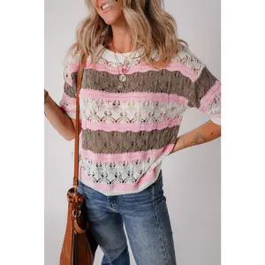 Brown Stripe Color Block Hollow Out Crochet Half Sleeve Sweater