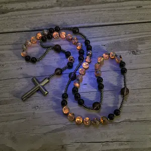 The Unruled Jewel Natural Obsidian Yooperlite Rosary Necklace UV Reactive Protection Necklace Hematite Stone Cross Pendant Necklace Gift for her, gift for him