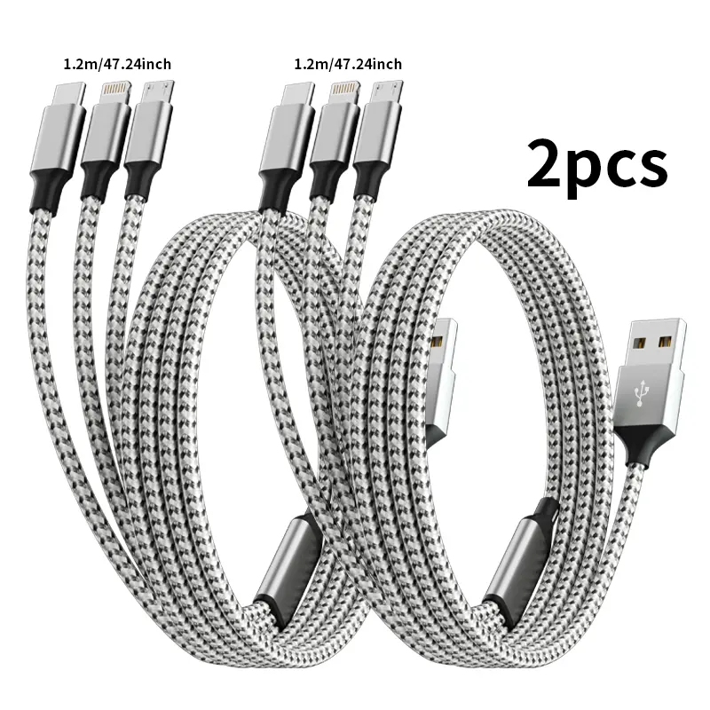 3 in 1 Fast Charging Cable 2 Pack, 4FT Nylon Braided Multi Charger Cord for iPhone USB C Micro Android
