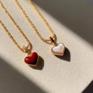 Double Sided Heart Necklace – Red Enamel & Mother of Pearl Pendant, Reversible Love Jewelry, Elegant Gold Chain, Dainty Everyday Choker, Minimalist Gift for Her, Trendy Fashion Jewelry, Versatile Romantic Necklace for Women