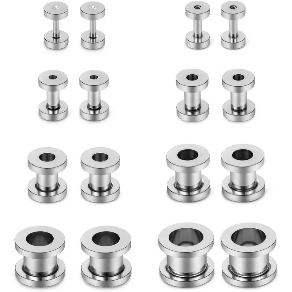 16 count Screw Ear Tunnels Stretching Kit Stainless Steel Gauge Plugs Expanders Set 14G-00G