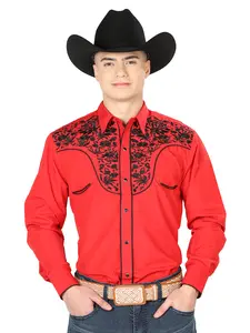 El General Men's Traditional Embroidered Western Charro Shirt - Red/Black 43298