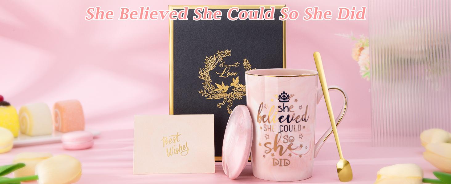 14oz Pink Ceramic Marble Gold Print Coffee Mug - Biching 2026 Graduation Gifts for Women, Valentines Spiritual Motivational Congrats Gifts, Lid-Included, Microwave Safe, Warm Beverages Cup, Nicely Boxed, Washable