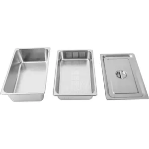 Set of 3 Full Size Hotel Pan with Lid,4in Deep Anti-Jam Perforated Stainless Steel Steam Table Pan,6in Deep Steam Table Pans(3-piece set,Full Size, 4"+6" Deep) Griddle Skillet Cookware
