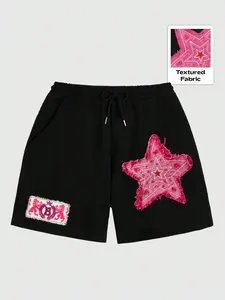 American Street Style Star Patch Shorts, Unisex Trendy Versatile Drawstring Sportswear, Casual Leisure Pants for Men and Women