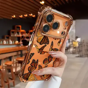 Creative Monarch Butterfly Pattern Four-corner Thickened Mobile Phone Case for iPhone 17 Air 16 15 14 13 12 11 Pro Max Plus border Electroplating with counter-fall Safety Cushion 2D printing Protective Cellphone