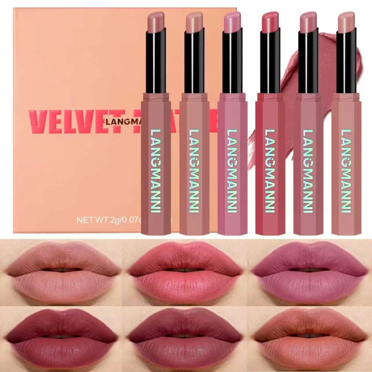 Langmanni 6 pcs 12-Color Velvet Matte Cosmetic Lipstick Set, Hexagonal Tube Design, Smooth Application Lip Makeup, Perfect for Daily Use