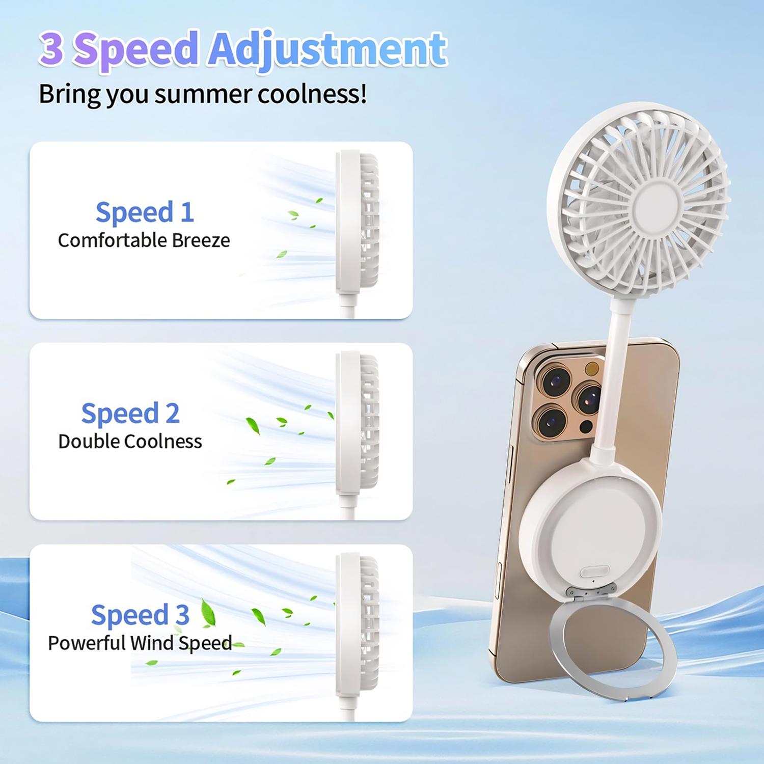 3 Speed Adjustments Magnetic Cell Phone Fan Handheld Folding Mini Fan USB Rechargeable Fan with Stand for Desktop Classroom Bedroom