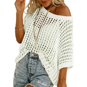 Womens Summer Scoop Neck Short Sleeve Sweater Casual Crochet Hollow Out Knit Tops Pullover Shirts Beach Coverup