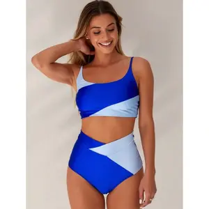 Women's Bikini Set - Color Block Cross Front Two Piece Swimsuit - Sexy Elegant Swimwear - Adjustable Straps & Removable Padding - Quick Dry Beach Bathing Suit - High-Waisted Bottoms for Tummy Control