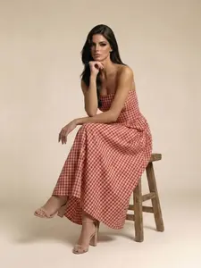 Women's Long Dress with Strapless Plaid Design, Sweet, Slimming and Casual Style, Elegant Look for Daily Wear, Perfect for All Seasons