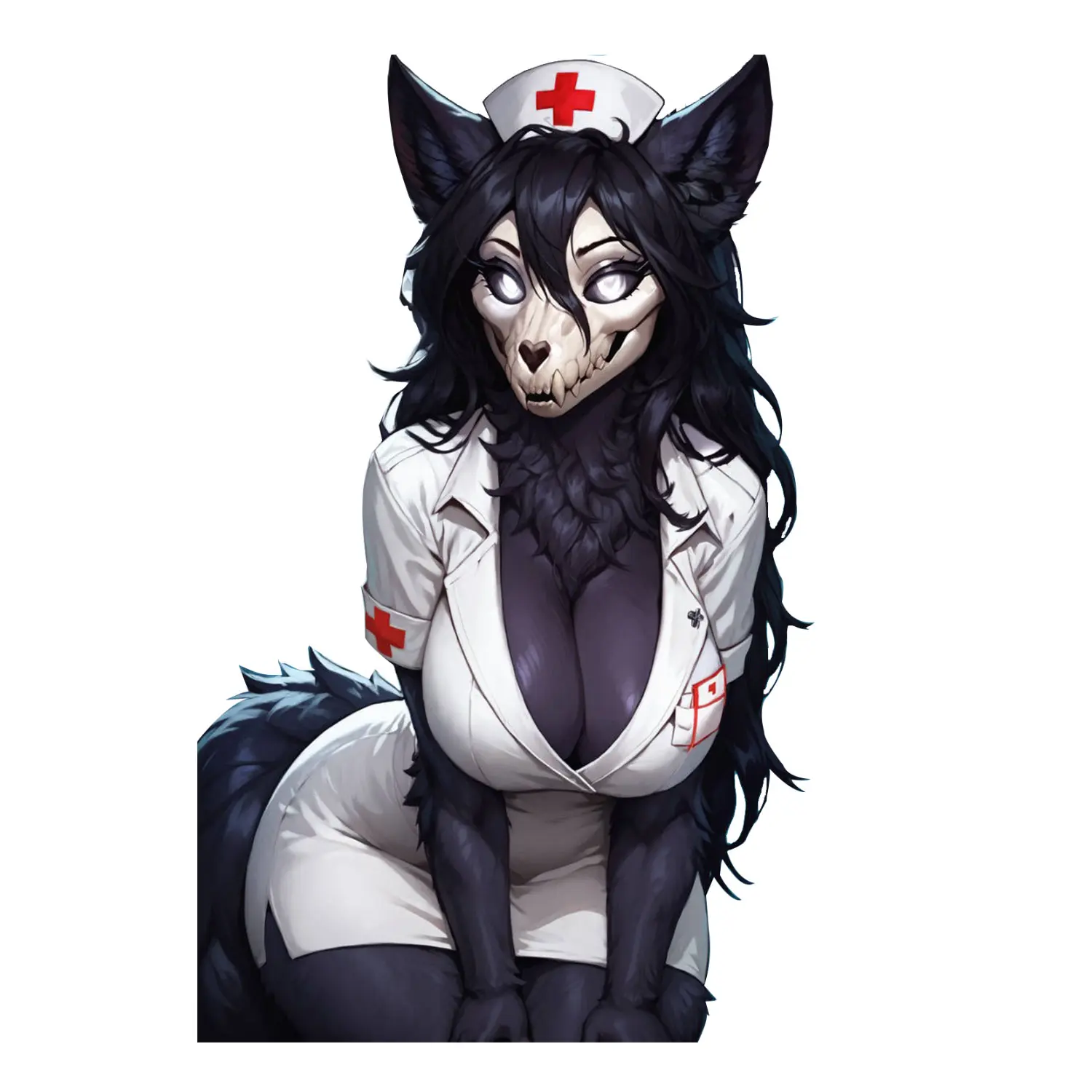 Gothic Wolf Nurse Vinyl Sticker, Skull Mask Fantasy Anime Creature Decal, Dark Medical Character Art for Laptop, Water Bottle, Journal Decor
