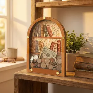 Vintage Wooden Arch Bookshelf Savings Bank, Transparent Visible Storage Box, Large Capacity Coin Holder, Coin Piggy Bank, Desk Decor Gift for Book Lovers