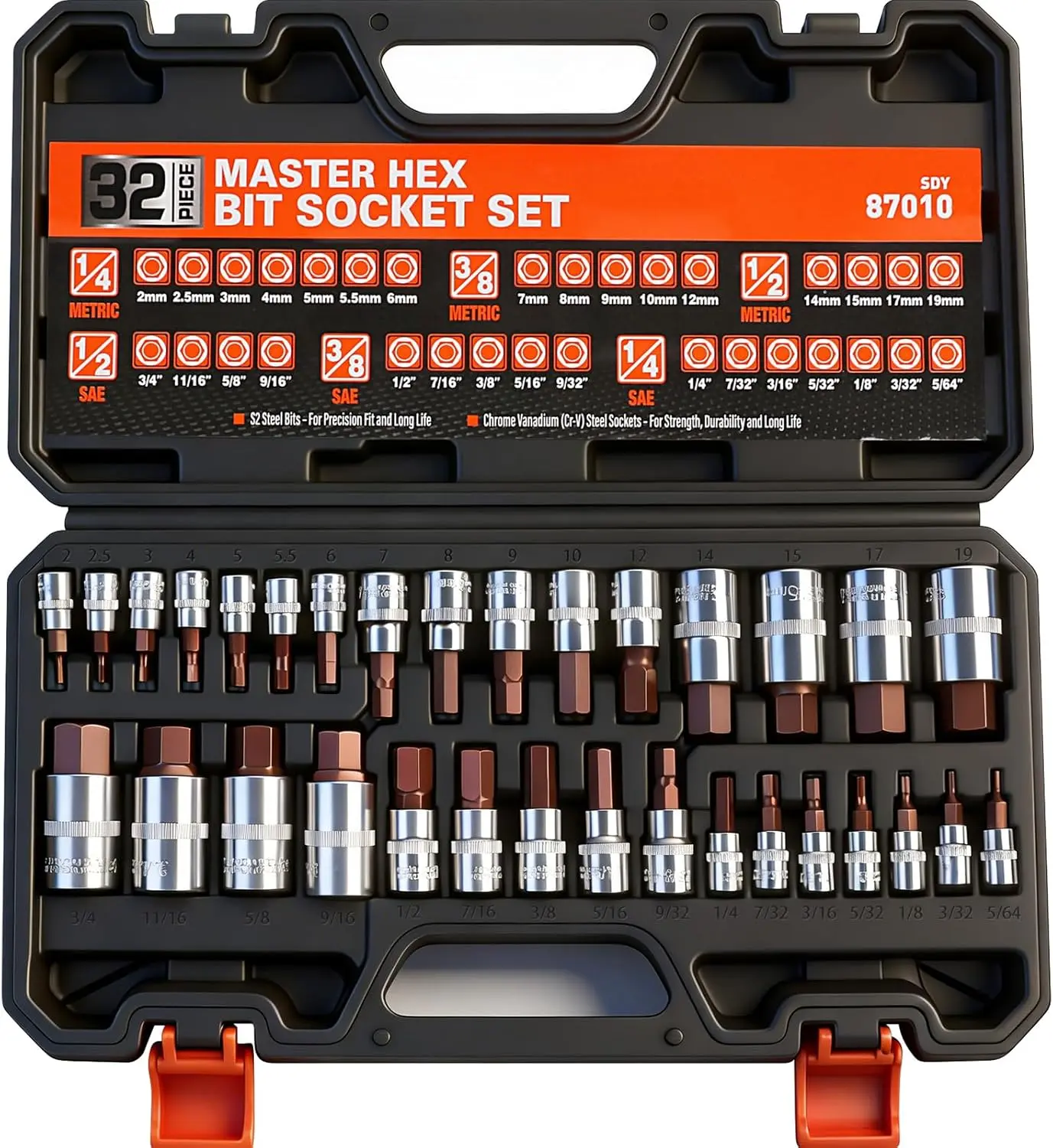 HORUSDY High Torque Master Hex Bit Socket Set, 32-Piece SAE & Metric Allen Socket Set, Premium S2 Alloy Steel, Durable Storage Case, 1/4", 3/8", 1/2" Drive, for Automotive & Mechanical Work
